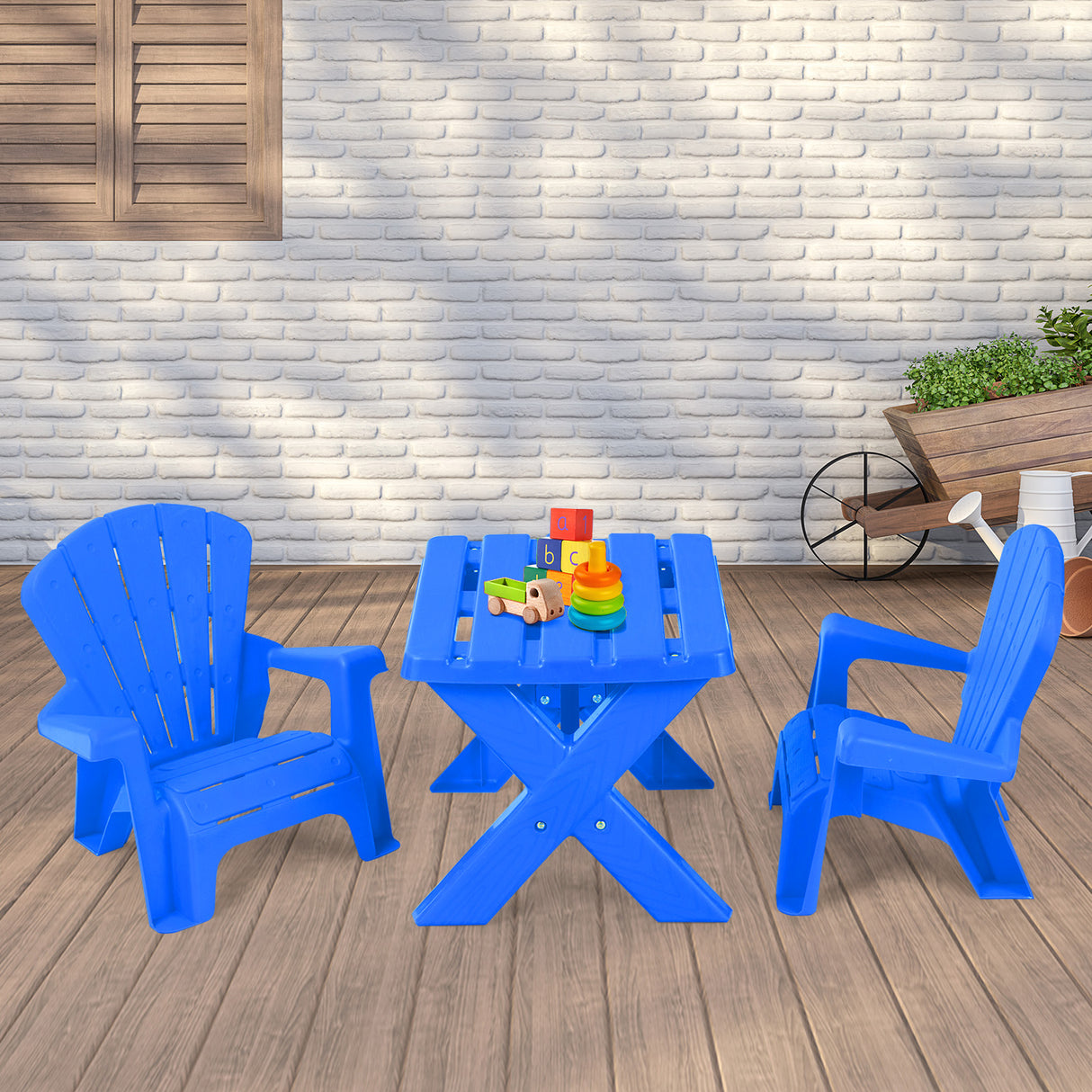Kids Plastic Table with 2 Adirondack Chairs Set, Toddler Play Table and Chairs for Tea Time