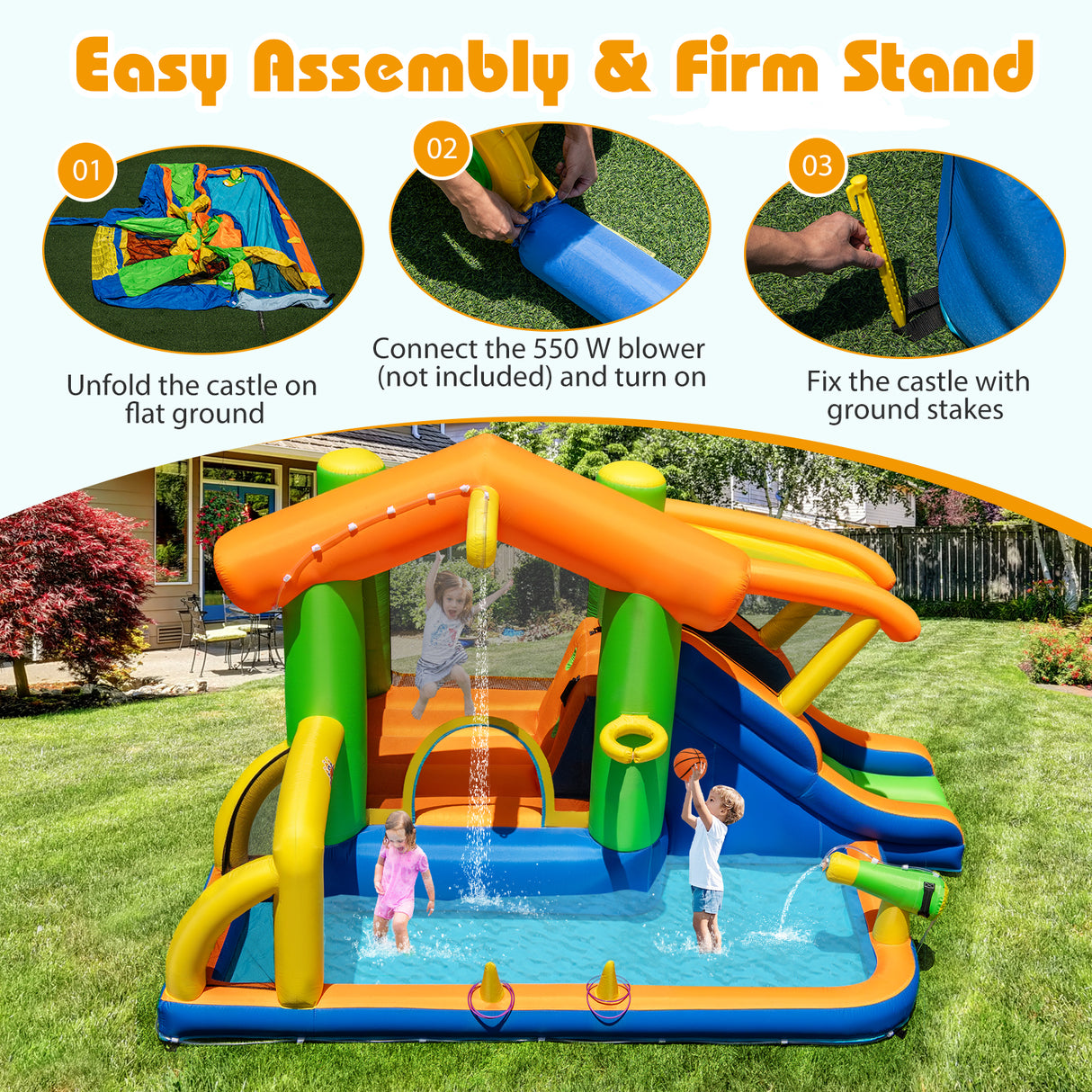 Inflatable Bounce House, 8-In-1 Multifunctional Water Park with Slide