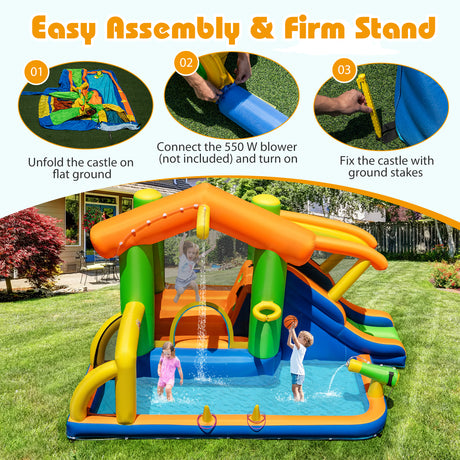 Inflatable water park with children playing, set up instructions, and outdoor setting.