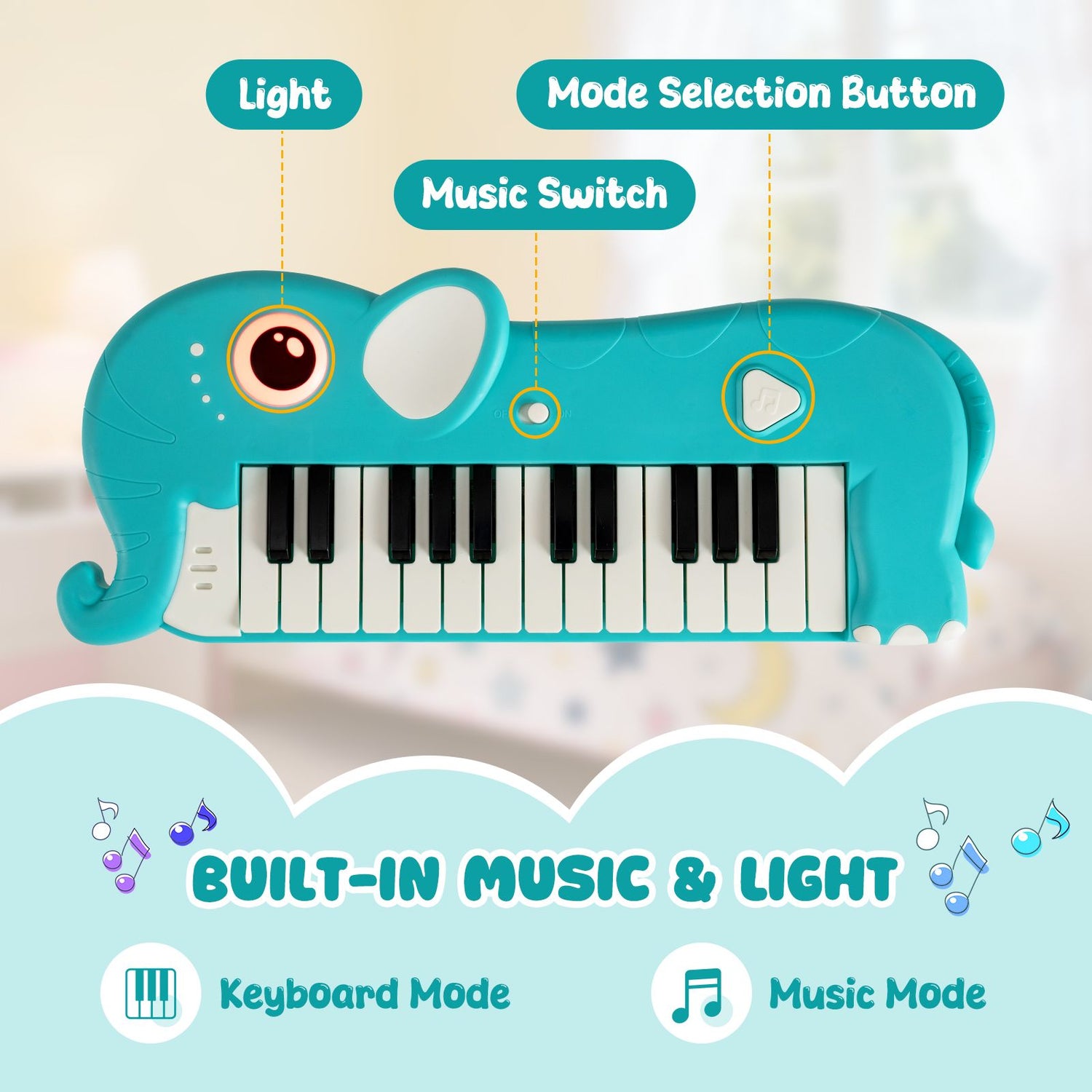 25-Key Kids Piano Keyboard Elephant Shape Toy Digital Piano