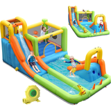 HONEY JOY 8 in 1 Inflatable Water Slide, Water Park w/Double Slides, Basketball Hoop, Water Gun
