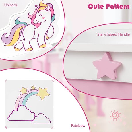 HONEY JOY Kids Vanity Set with Mirror, 2 in 1 Wooden Princess Makeup Dressing Table, TOP 50 Bonus Trinkets Set