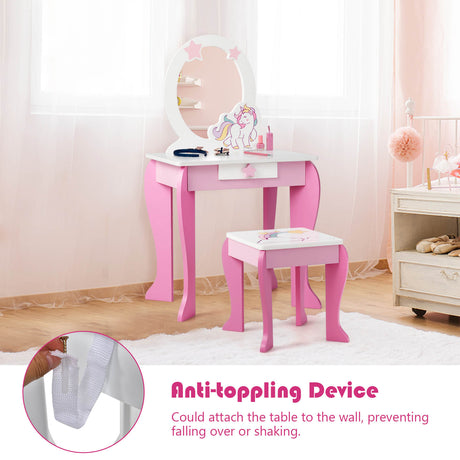 HONEY JOY Kids Vanity Set with Mirror, 2 in 1 Wooden Princess Makeup Dressing Table, TOP 50 Bonus Trinkets Set