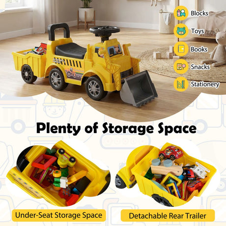2-in-1 Ride on Excavator with Detachable Trailer Kids Digging Bulldozer with Shovel