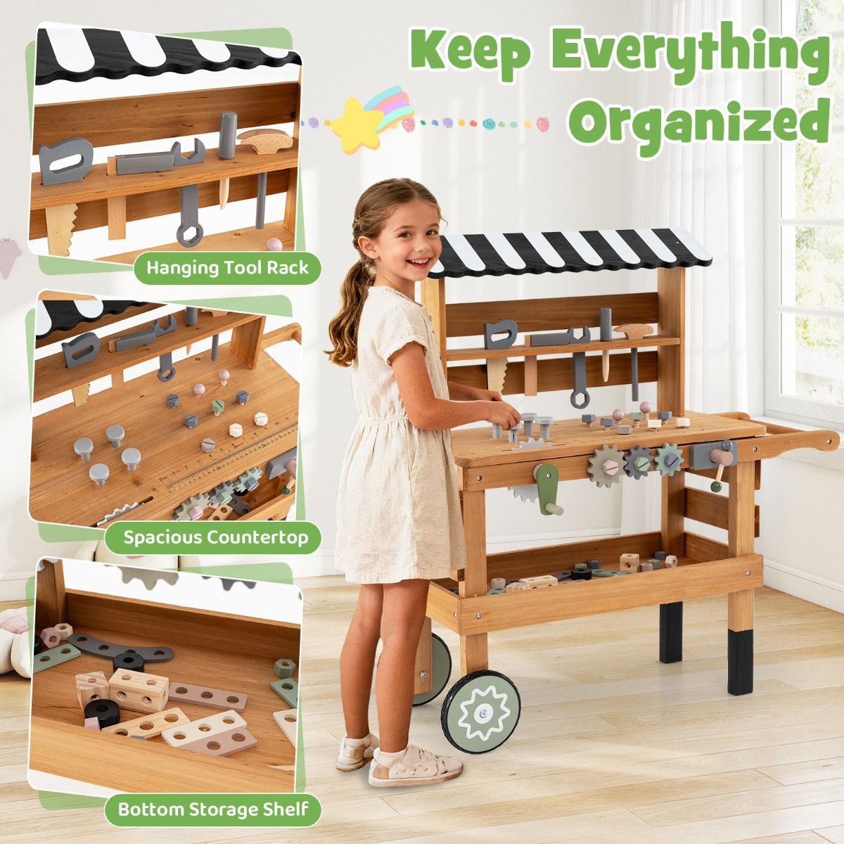 2-in-1 Wooden Kids Cart and Tool Bench with Realistic Tools