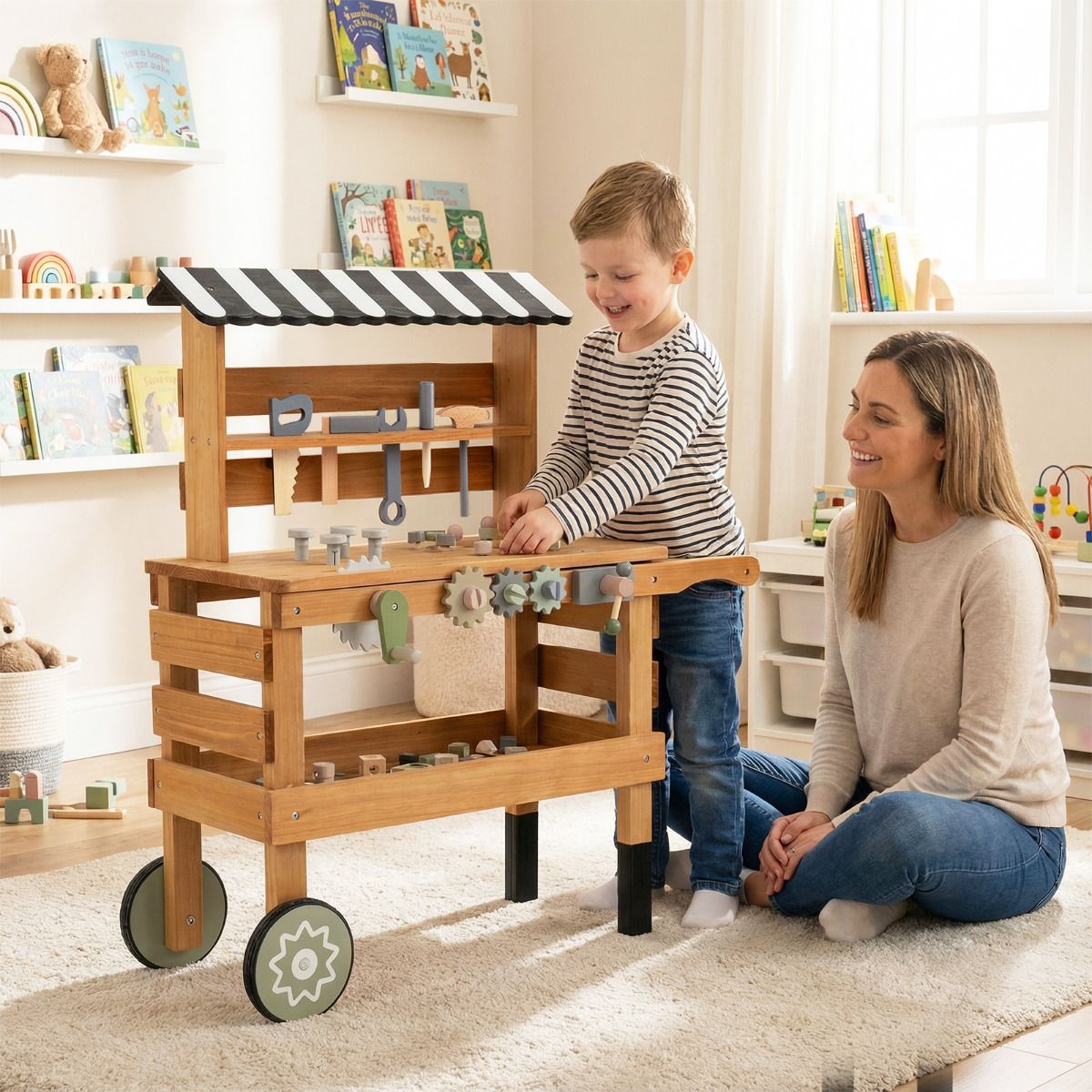 2-in-1 Wooden Kids Cart and Tool Bench with Realistic Tools