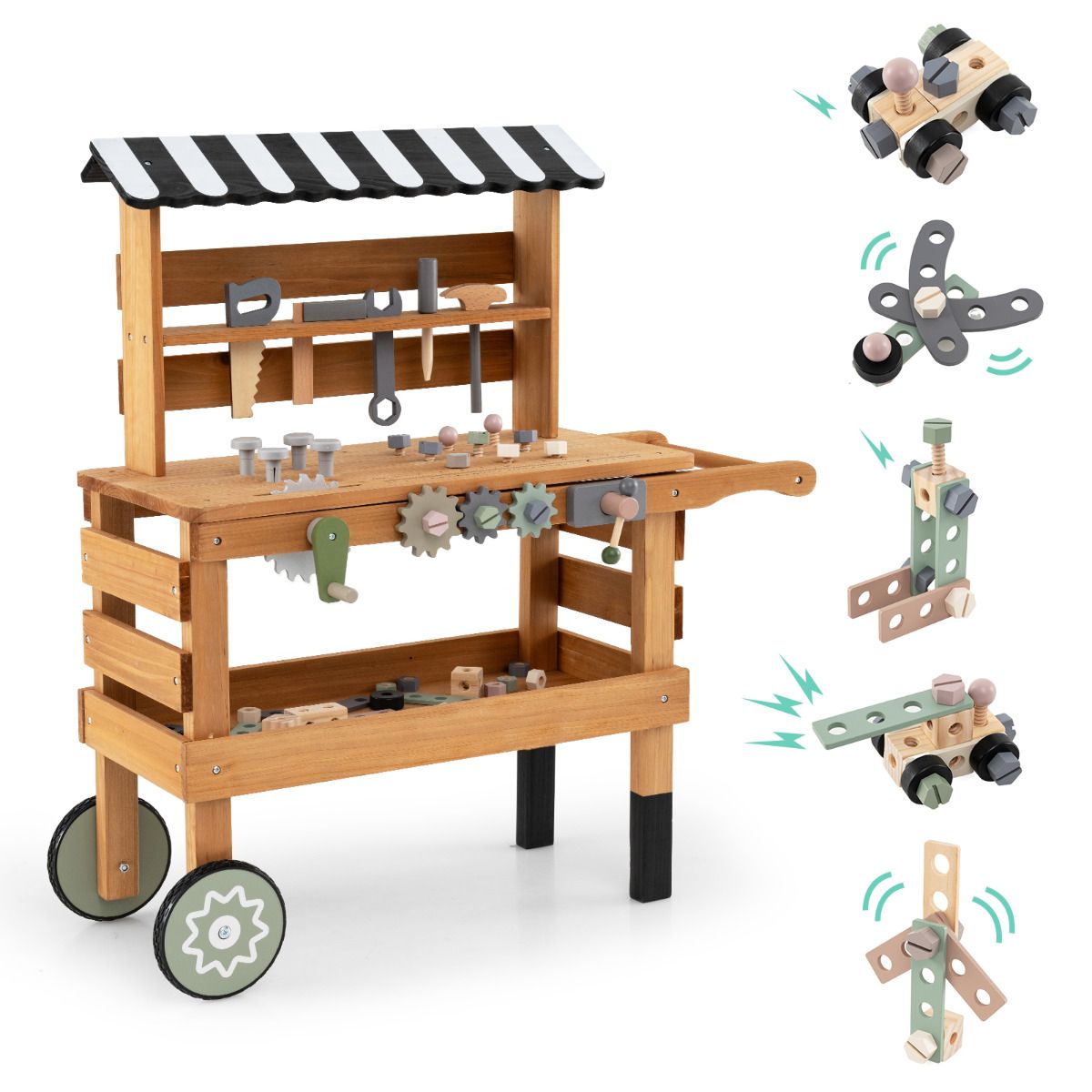 2-in-1 Wooden Kids Cart and Tool Bench with Realistic Tools