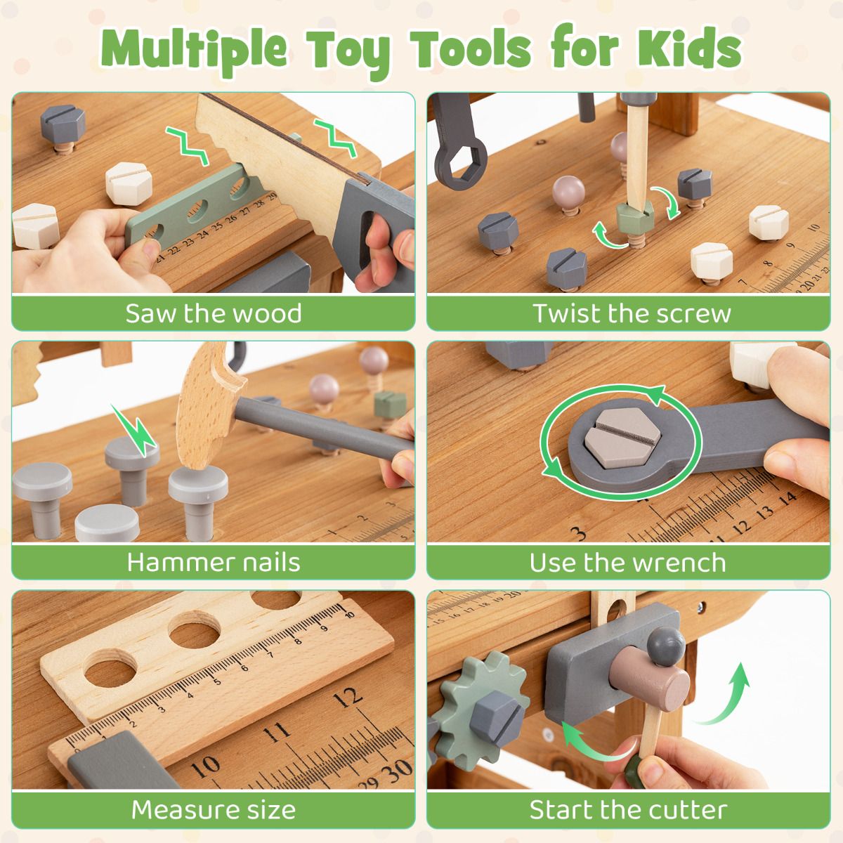 2-in-1 Wooden Kids Cart and Tool Bench with Realistic Tools
