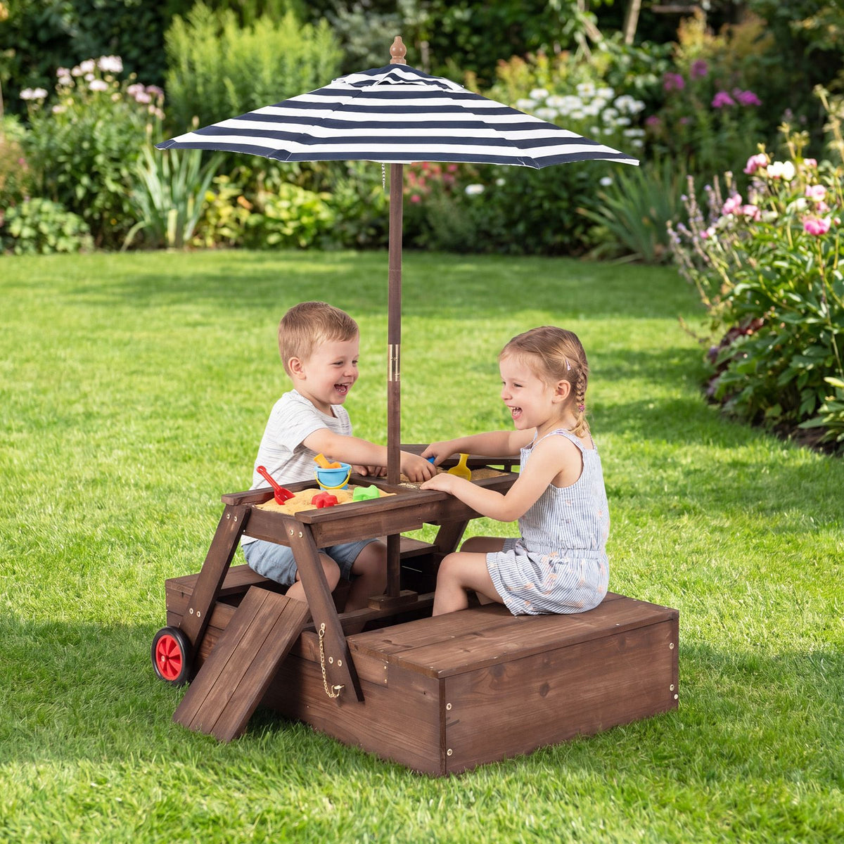 Convertable Sand Table 2-in-1 Wooden Sandbox with Foldable Umbrella and Convertible Picnic Ta ...