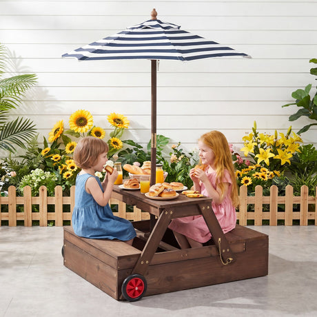 2-in-1 Wooden Sandbox with Foldable Umbrella and Convertible Picnic Table