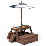 2-in-1 Wooden Sandbox with Foldable Umbrella and Convertible Picnic Table