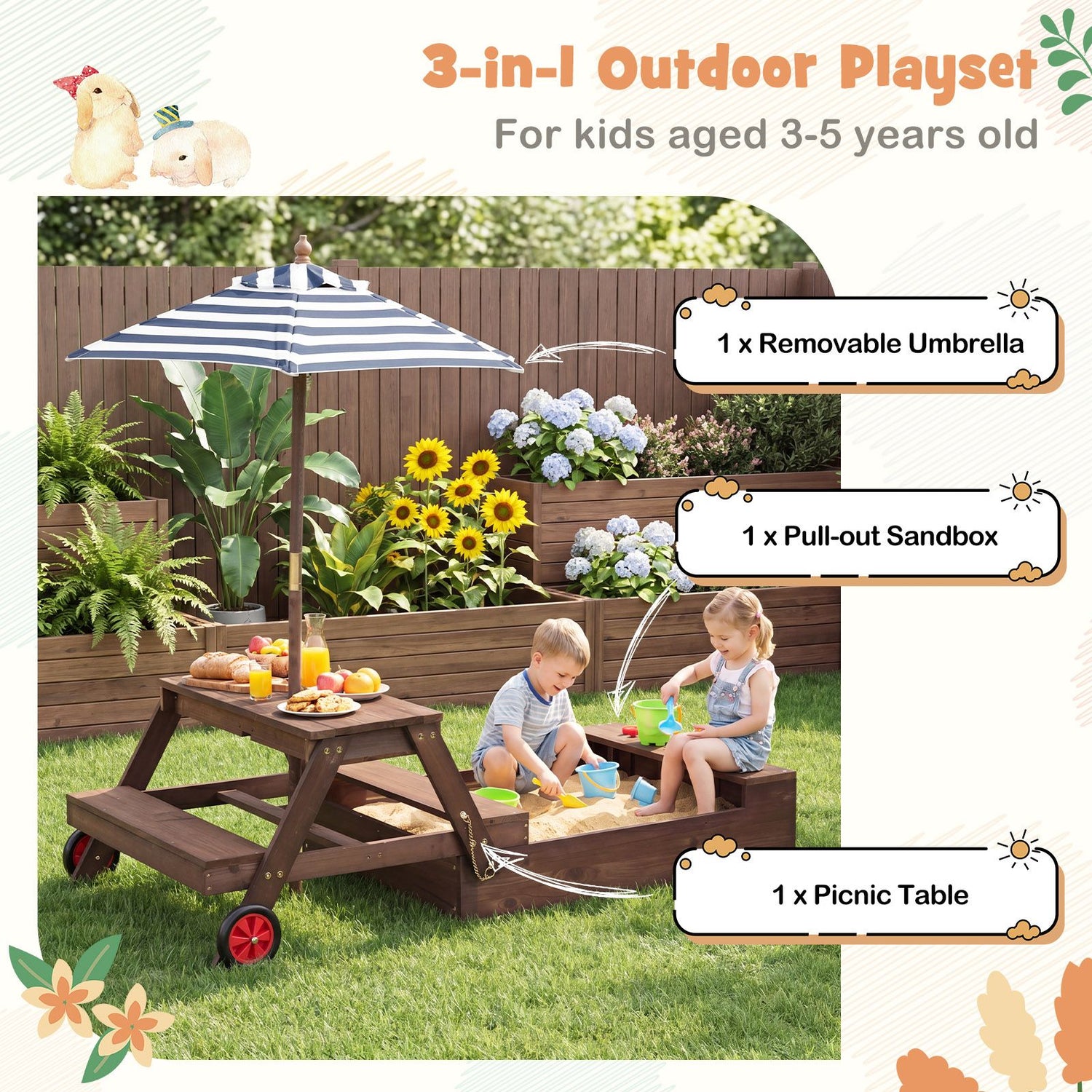 2-in-1 Wooden Sandbox with Foldable Umbrella and Convertible Picnic Table
