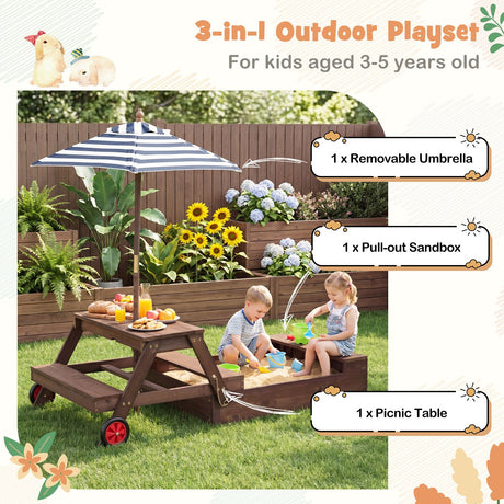2-in-1 Wooden Sandbox with Foldable Umbrella and Convertible Picnic Table