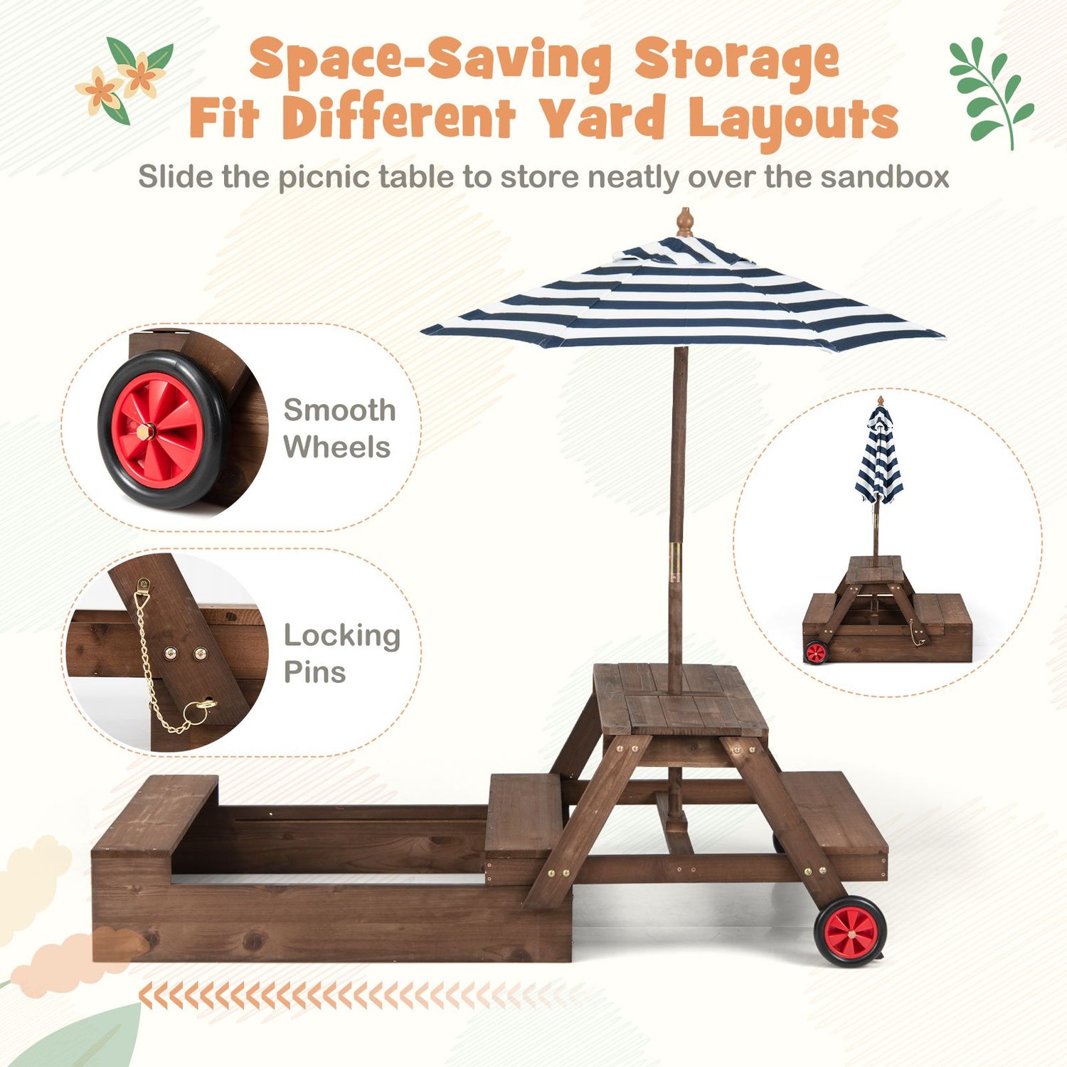 2-in-1 Wooden Sandbox with Foldable Umbrella and Convertible Picnic Table