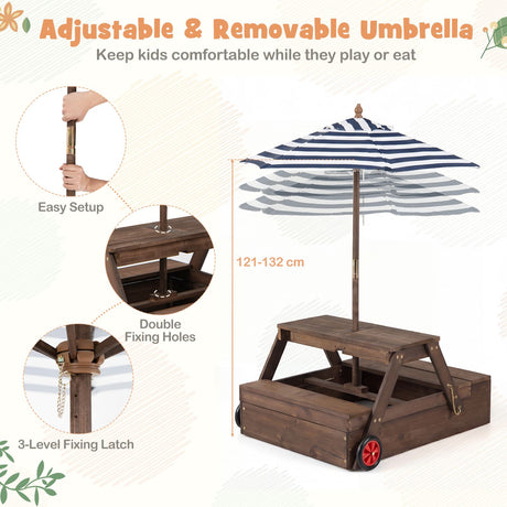 2-in-1 Wooden Sandbox with Foldable Umbrella and Convertible Picnic Table