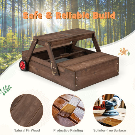 2-in-1 Wooden Sandbox with Foldable Umbrella and Convertible Picnic Table