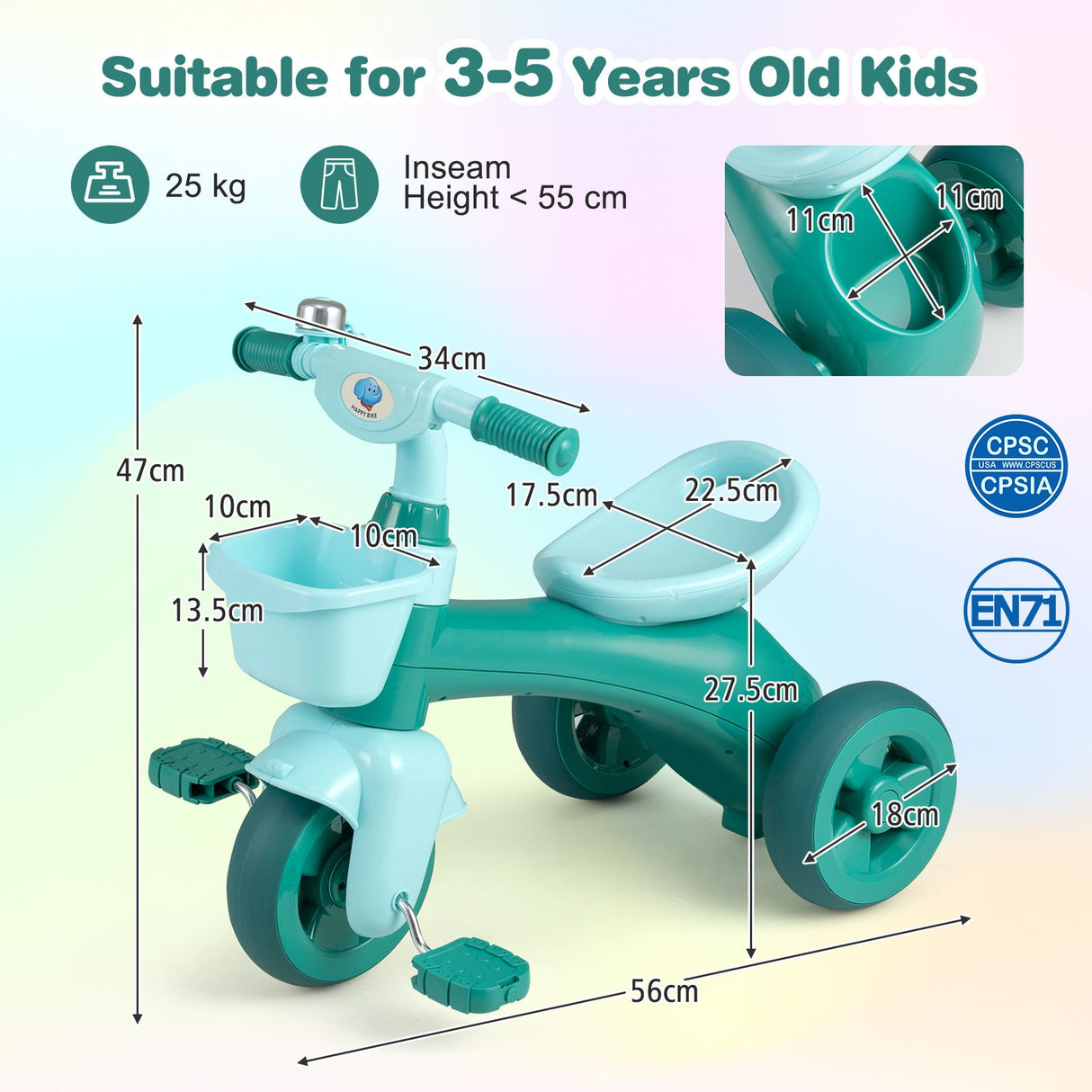 3-Wheel Children Balance Bike with Ergonomic Seat and Non-slip Handle