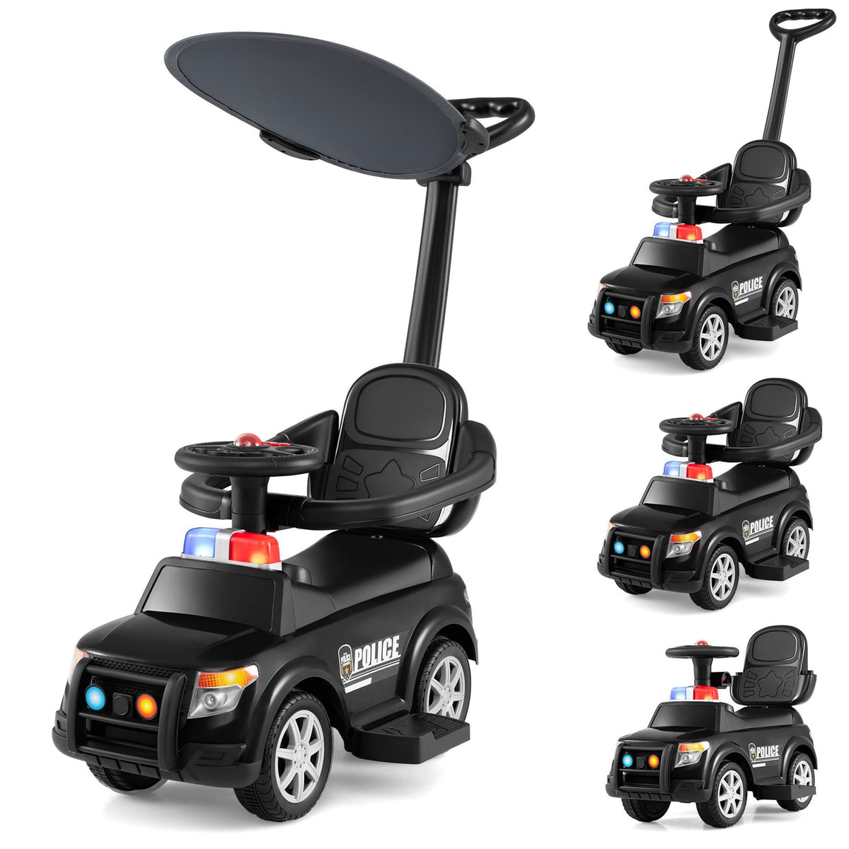 3-in-1 Police Toddler Push Car with Handle and Canopy for 18-36 Month Kids
