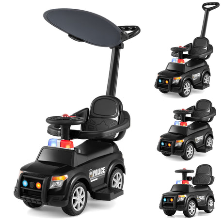3-in-1 Police Toddler Push Car with Handle and Canopy for 18-36 Month Kids