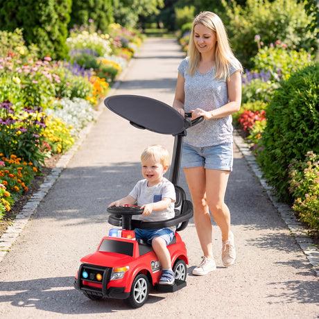 3-in-1 Police Toddler Push Car with Handle and Canopy for 18-36 Month Kids