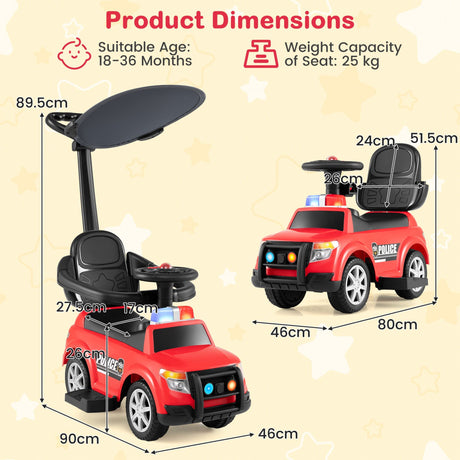 3-in-1 Police Toddler Push Car with Handle and Canopy for 18-36 Month Kids