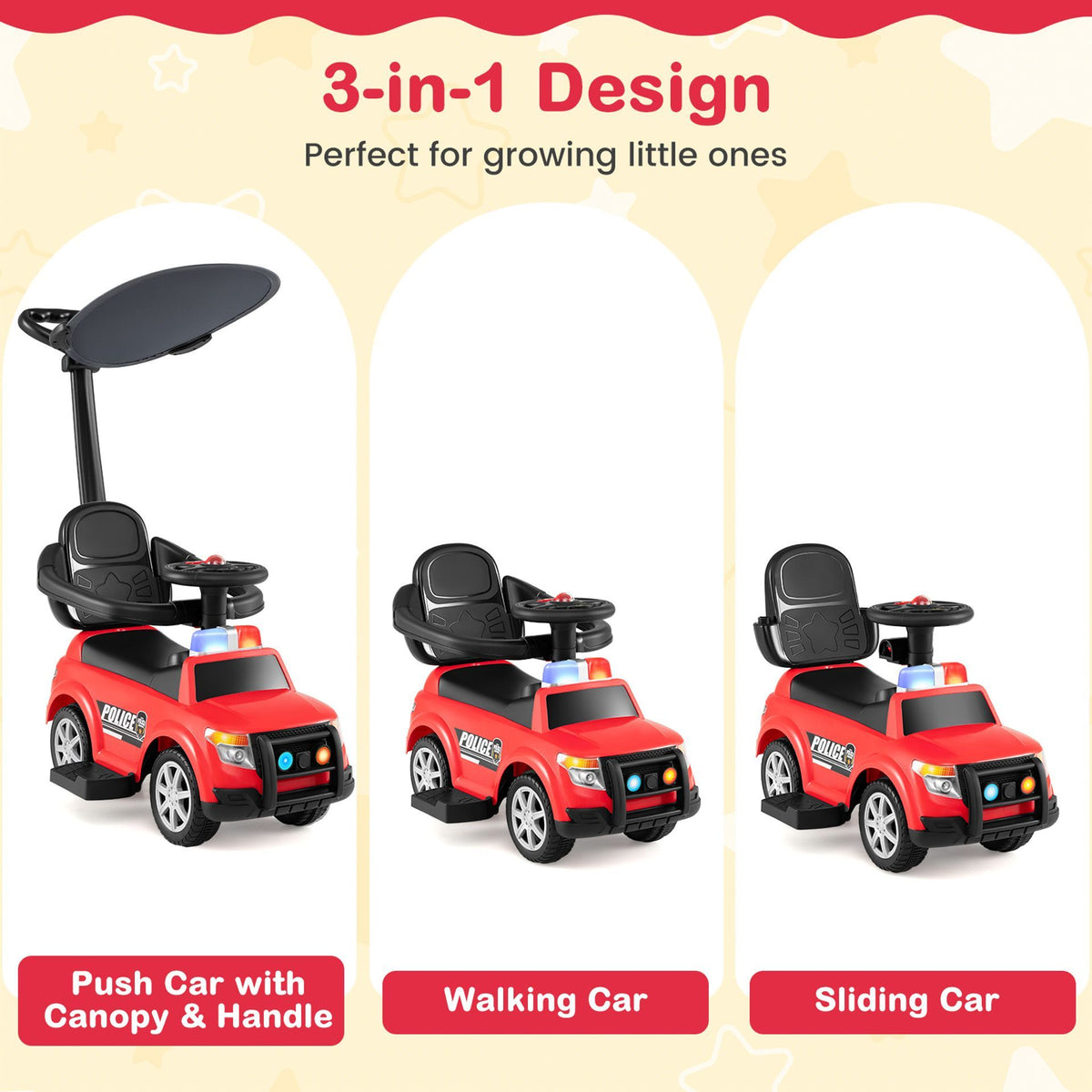 3-in-1 Police Toddler Push Car with Handle and Canopy for 18-36 Month Kids