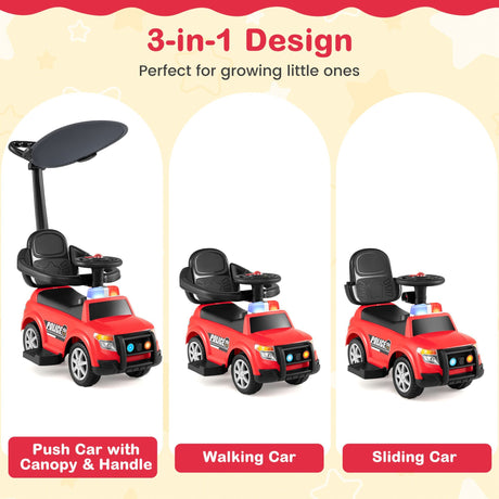3-in-1 Police Toddler Push Car with Handle and Canopy for 18-36 Month Kids
