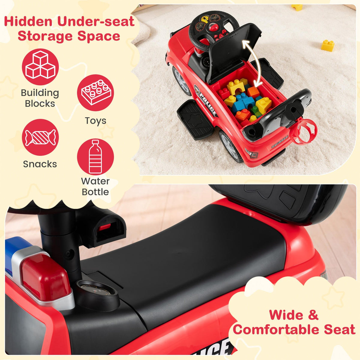 3-in-1 Police Toddler Push Car with Handle and Canopy for 18-36 Month Kids