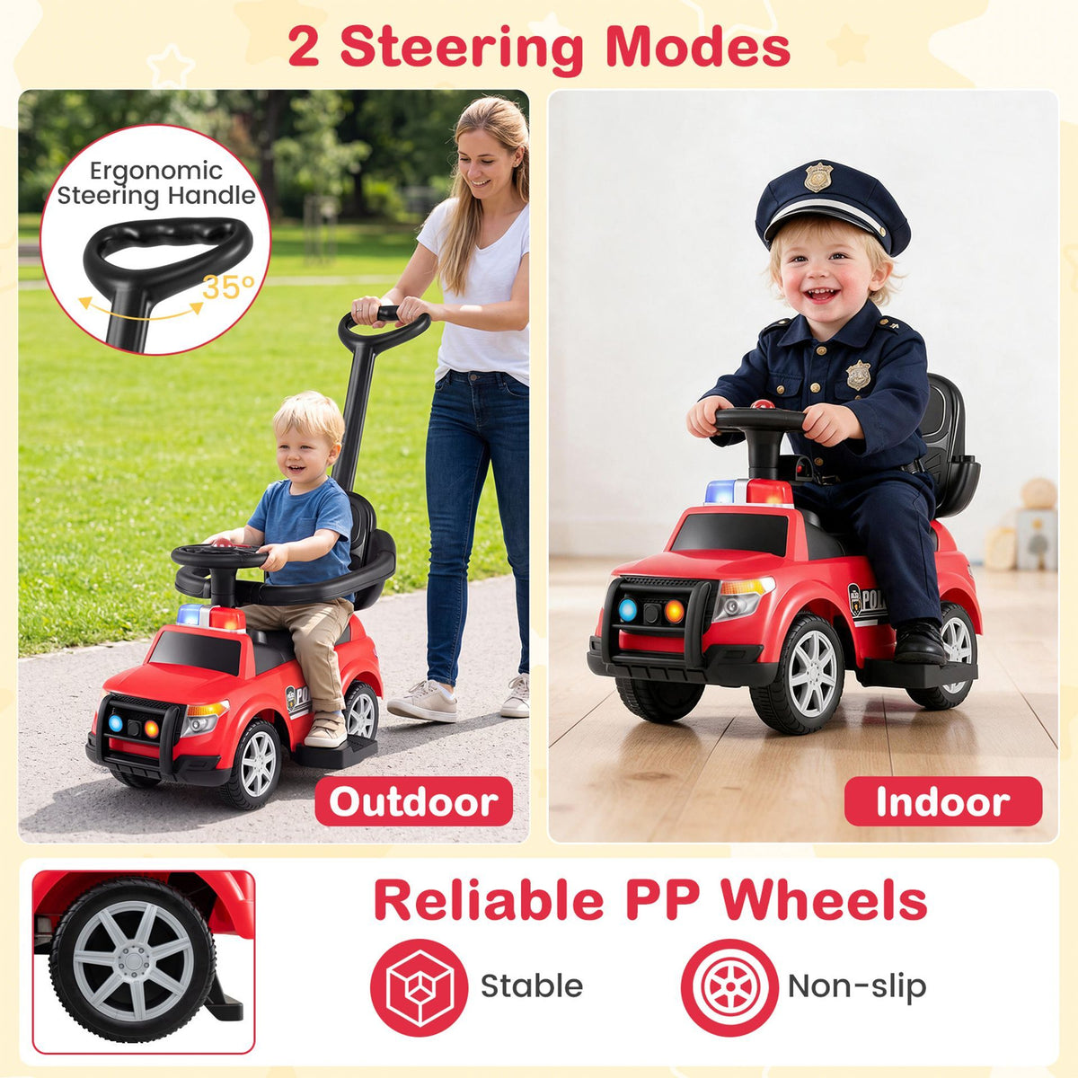 3-in-1 Police Toddler Push Car with Handle and Canopy for 18-36 Month Kids
