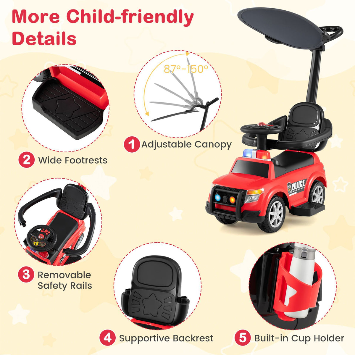 3-in-1 Police Toddler Push Car with Handle and Canopy for 18-36 Month Kids