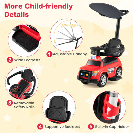 3-in-1 Police Toddler Push Car with Handle and Canopy for 18-36 Month Kids