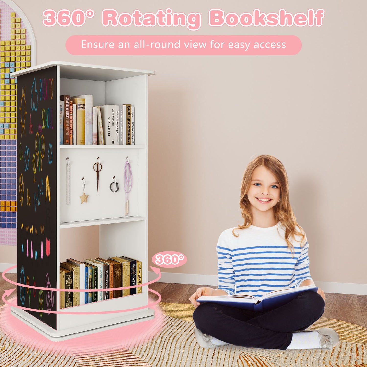 360° Spinning Corner Bookcase with Chalkboard and Mirror