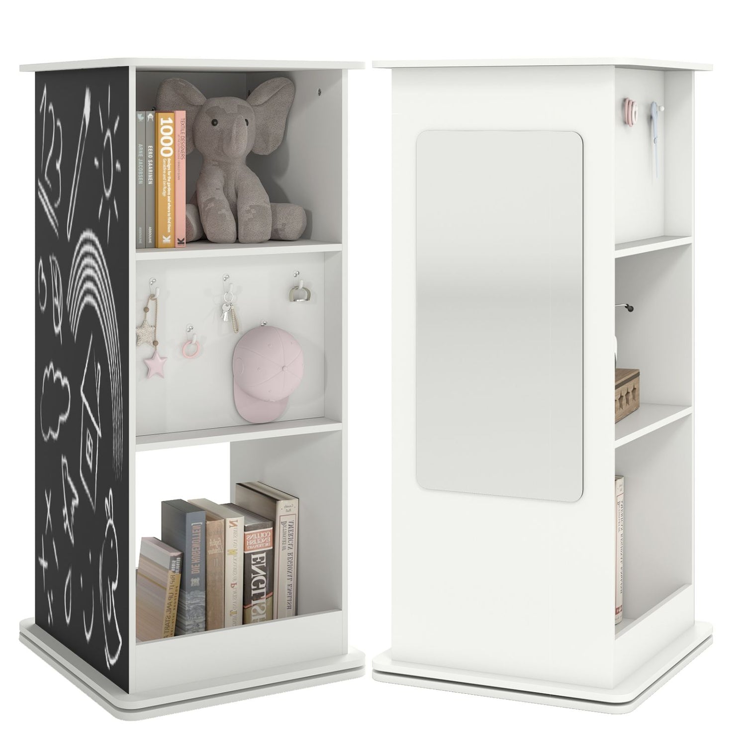 360° Spinning Corner Bookcase with Chalkboard and Mirror