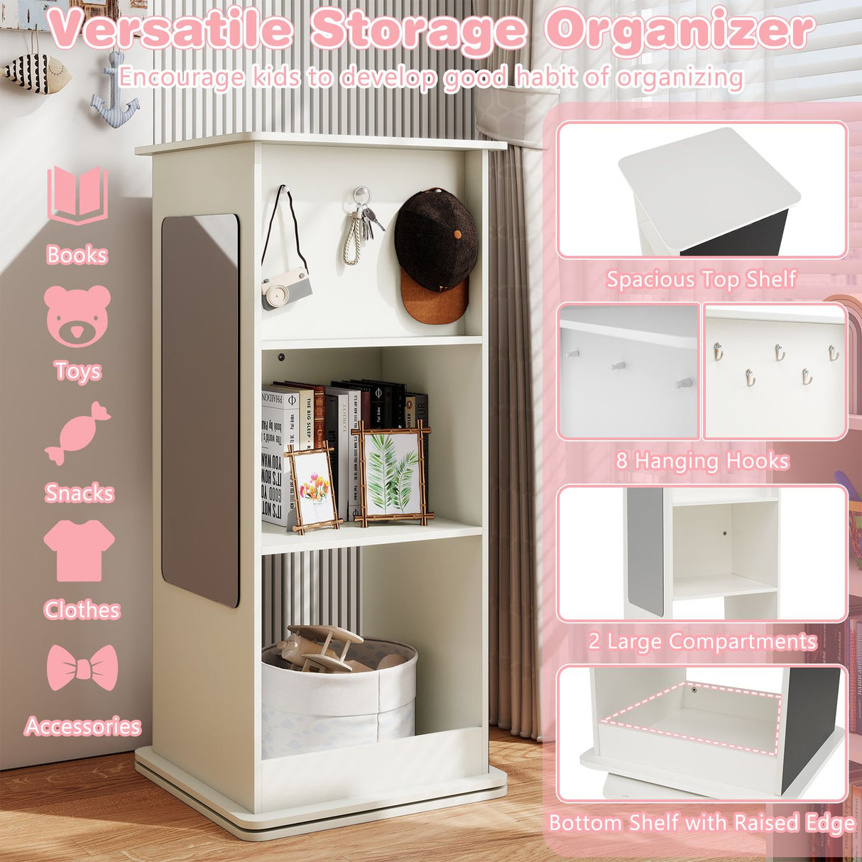 360° Spinning Corner Bookcase with Chalkboard and Mirror