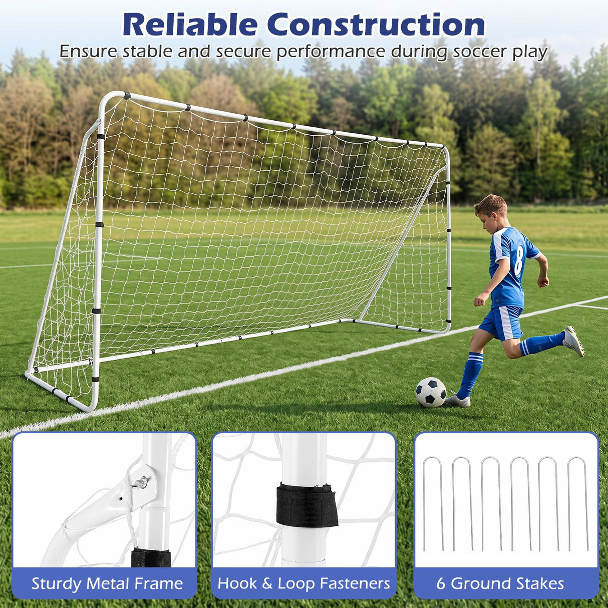 367 x 124 cm Soccer Goal with Heavy-Duty Metal Frame and Ground Stakes