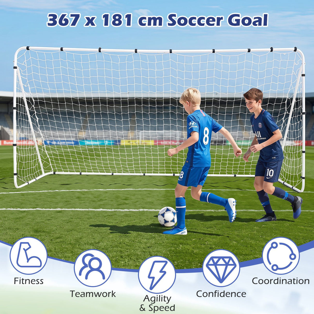367 x 124 cm Soccer Goal with Heavy-Duty Metal Frame and Ground Stakes