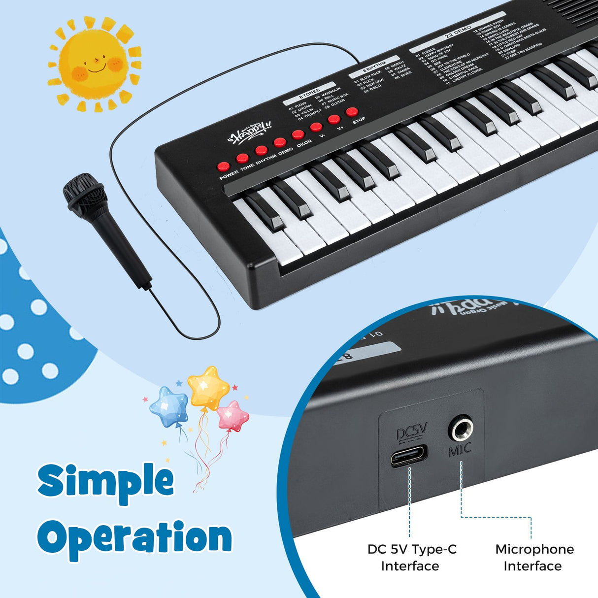 37 Keys Portable Electric Keyboard Piano with Microphone and 8 Tones