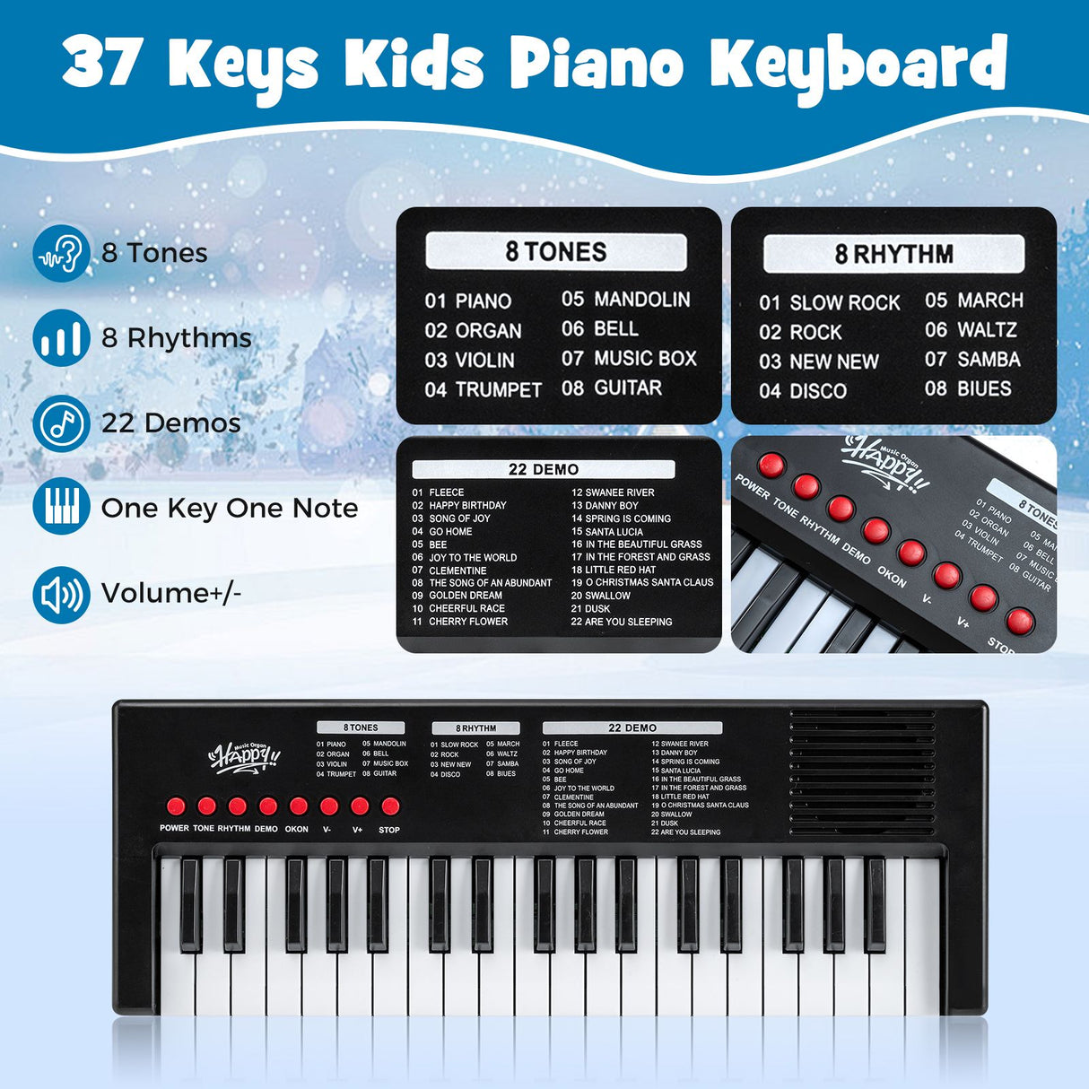37 Keys Portable Electric Keyboard Piano with Microphone and 8 Tones