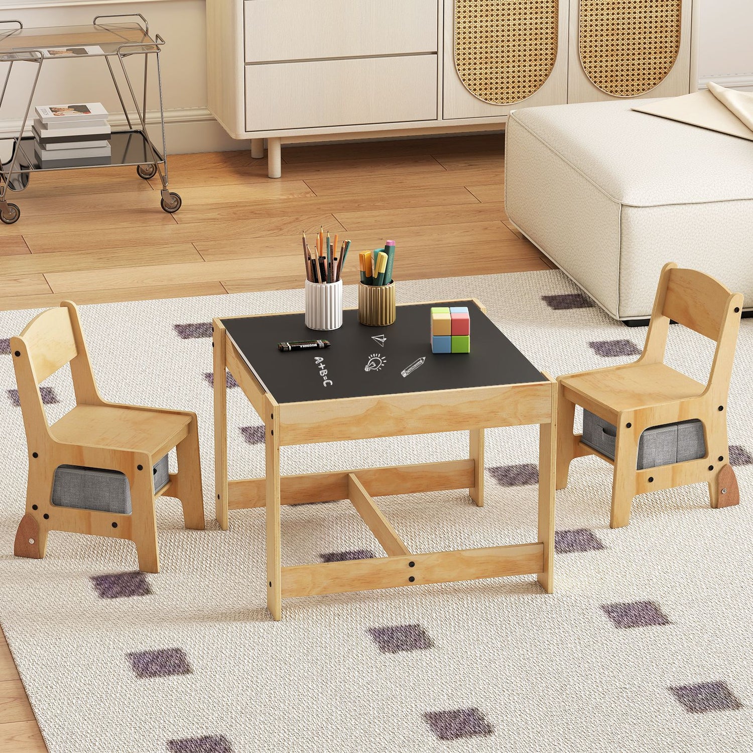 3 in 1 Thickened Wooden Kids Table and Chair Set with Removable Tabletop and 2 Storage Drawers
