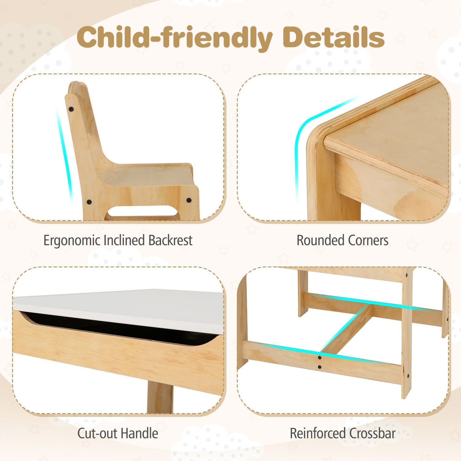 3 in 1 Thickened Wooden Kids Table and Chair Set with Removable Tabletop and 2 Storage Drawers