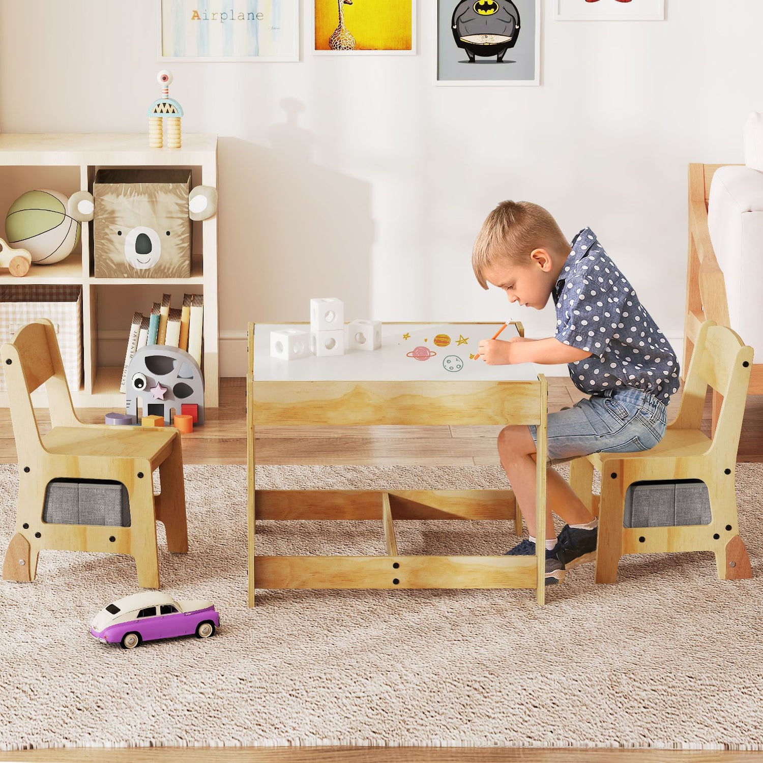 3 in 1 Thickened Wooden Kids Table and Chair Set with Removable Tabletop and 2 Storage Drawers