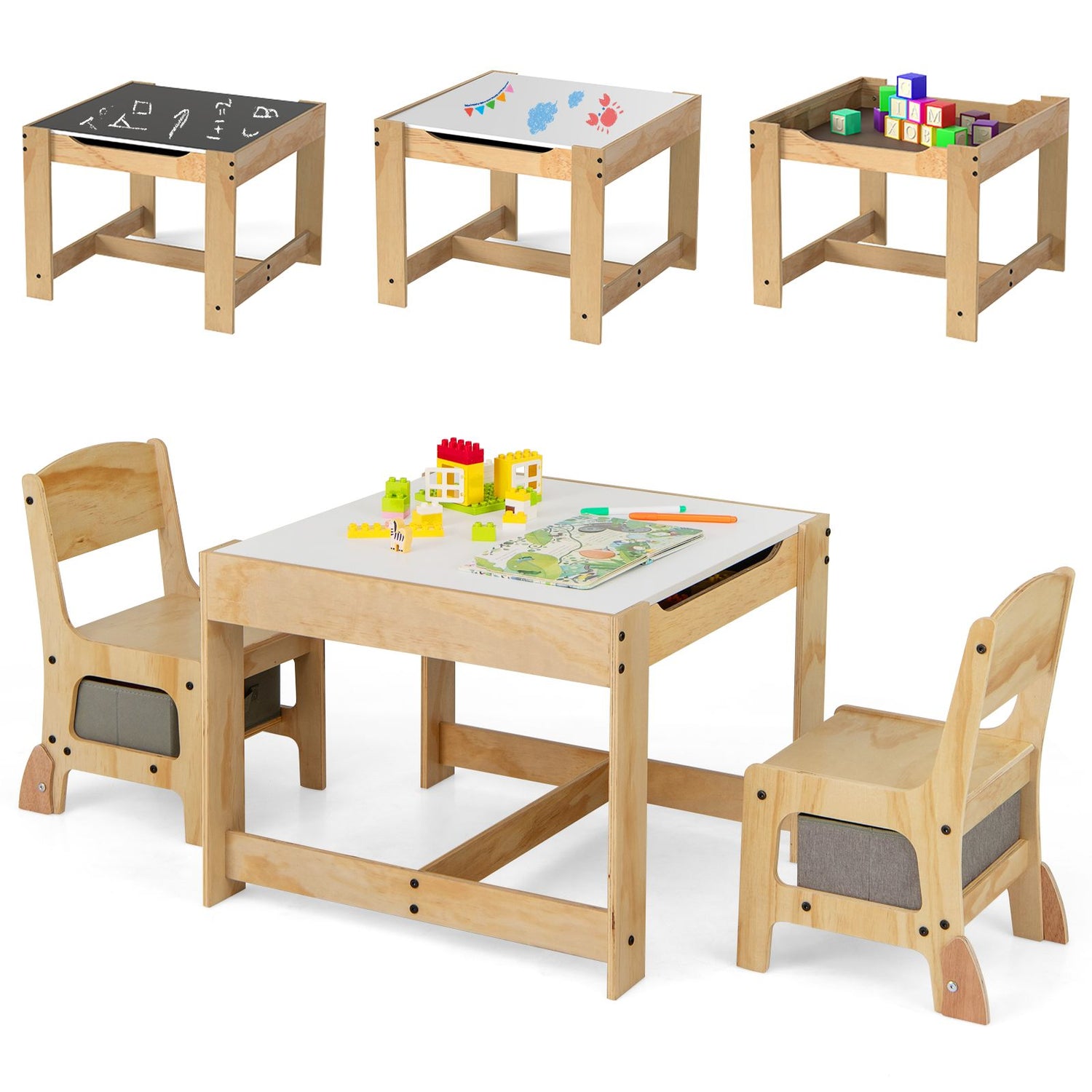 3 in 1 Thickened Wooden Kids Table and Chair Set with Removable Tabletop and 2 Storage Drawers