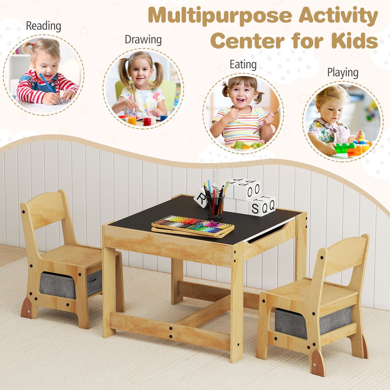 3 in 1 Thickened Wooden Kids Table and Chair Set with Removable Tabletop and 2 Storage Drawers