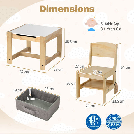 3 in 1 Thickened Wooden Kids Table and Chair Set with Removable Tabletop and 2 Storage Drawers