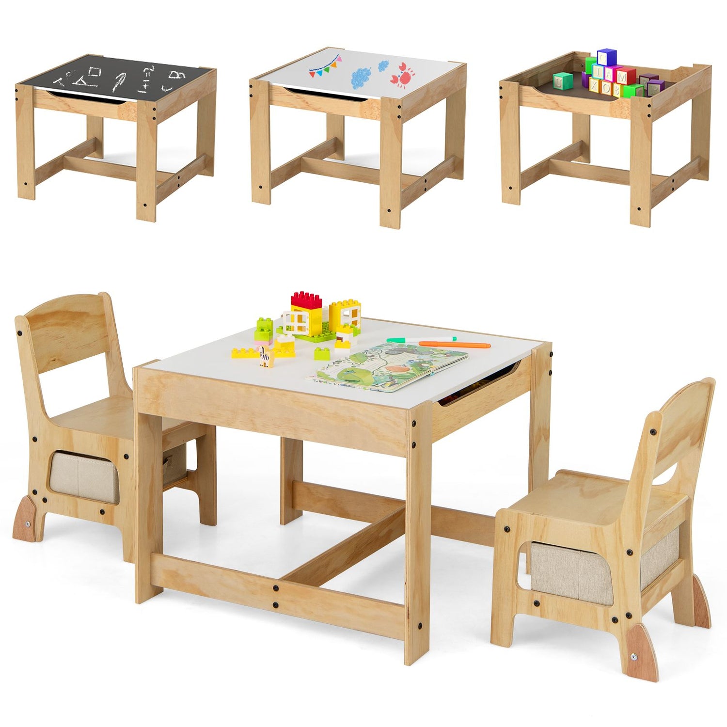 3 in 1 Thickened Wooden Kids Table and Chair Set with Removable Tabletop and 2 Storage Drawers