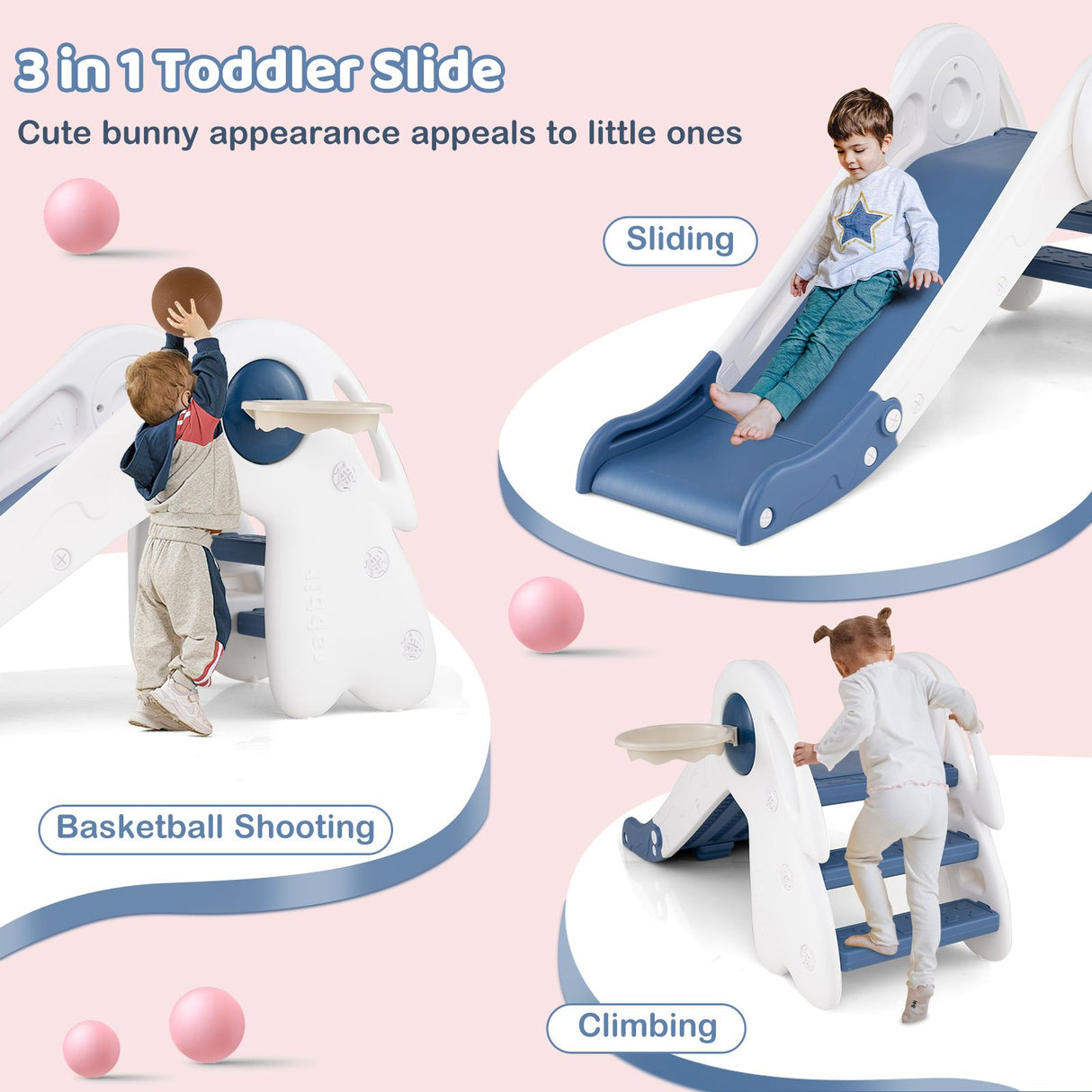 3 in 1 Toddler Slide Baby Slide Climber Playset with Basketball Hoop and Basketball
