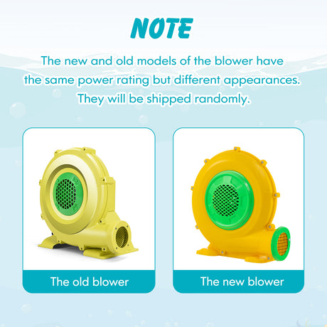 Comparison of an old and new blower model with text indicating different appearances but same power rating.
