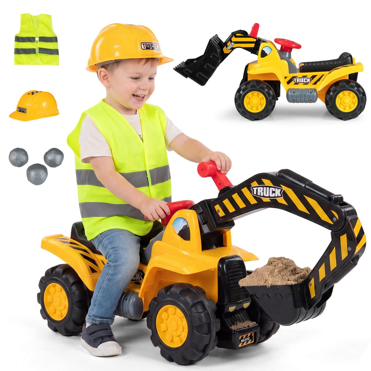 HONEY JOY Kids Ride On Excavator, Outdoor Digger Scooper Pulling Cart W/Safety Helmet Horn Underneath Storage