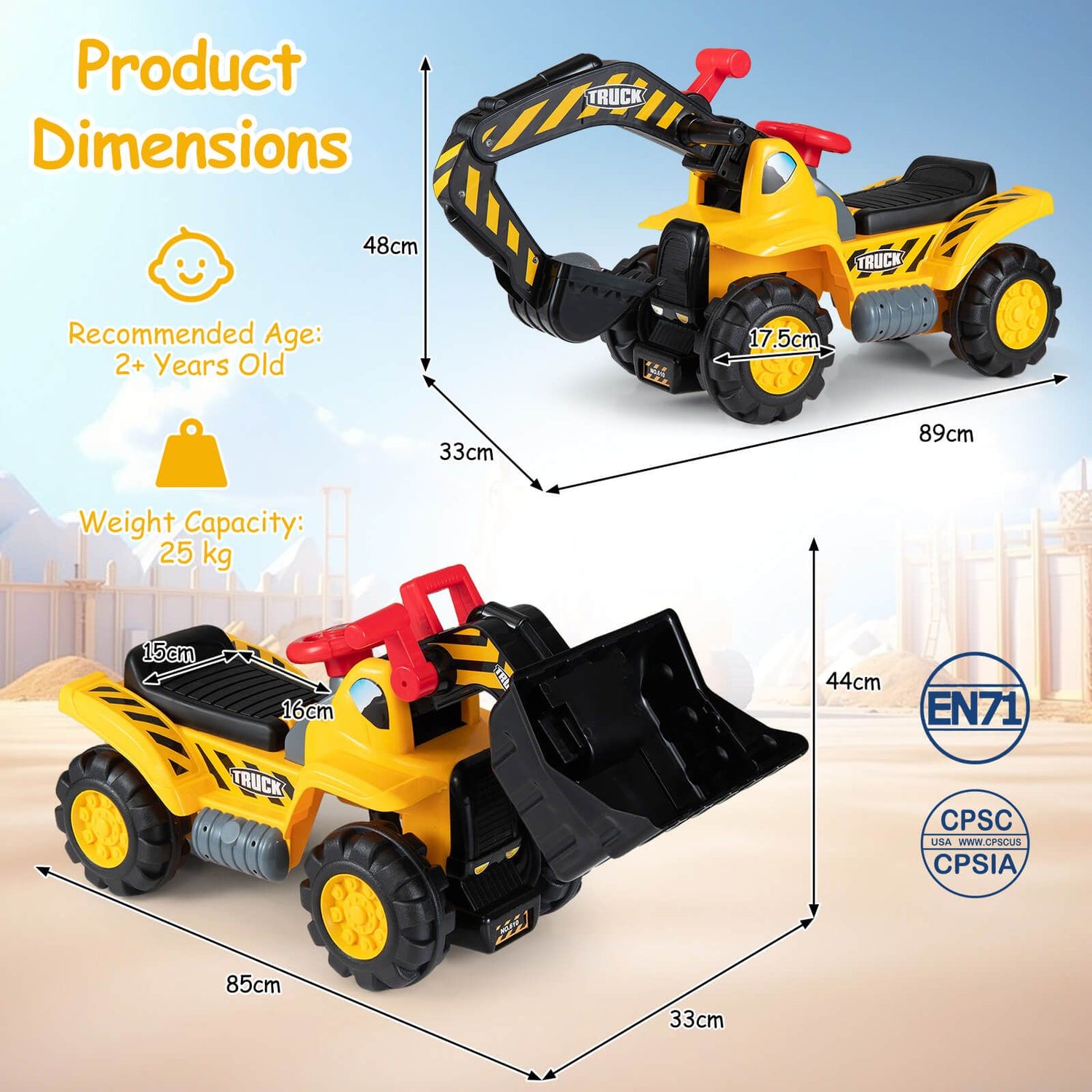 HONEY JOY Kids Ride On Excavator, Outdoor Digger Scooper Pulling Cart W/Safety Helmet Horn Underneath Storage