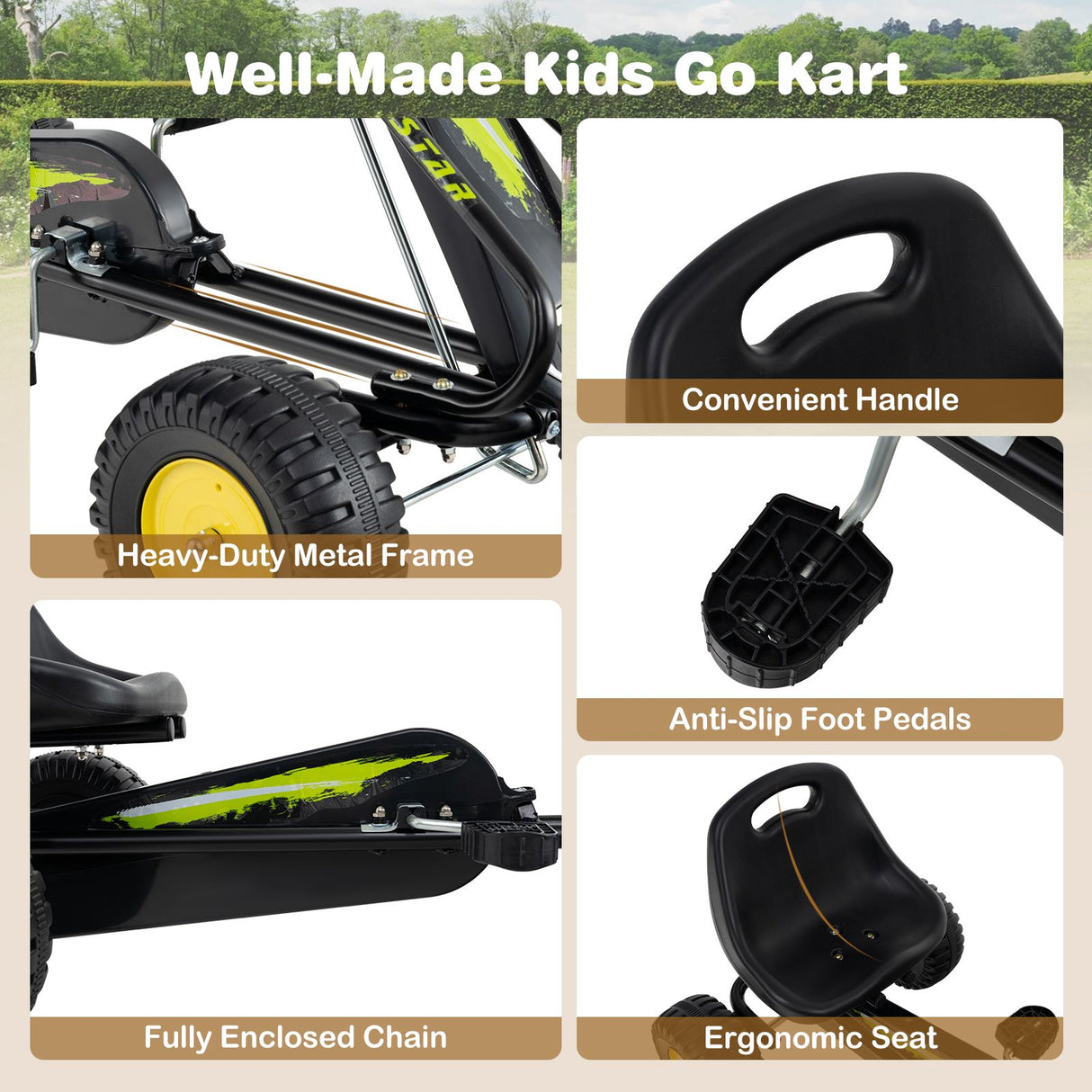 4-Wheel Pedal Car with 2-Position Adjustable Seat and Ergonomic Seat for Boys and Girls
